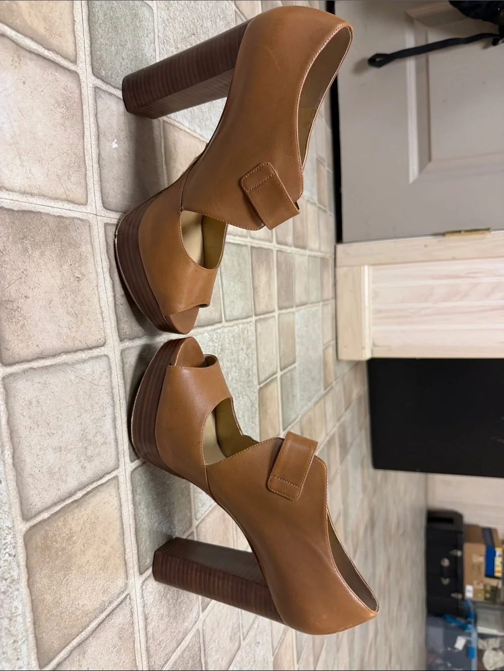 Michael Kors Cognac Leather Peep-Toe Heels with Buckle Detail